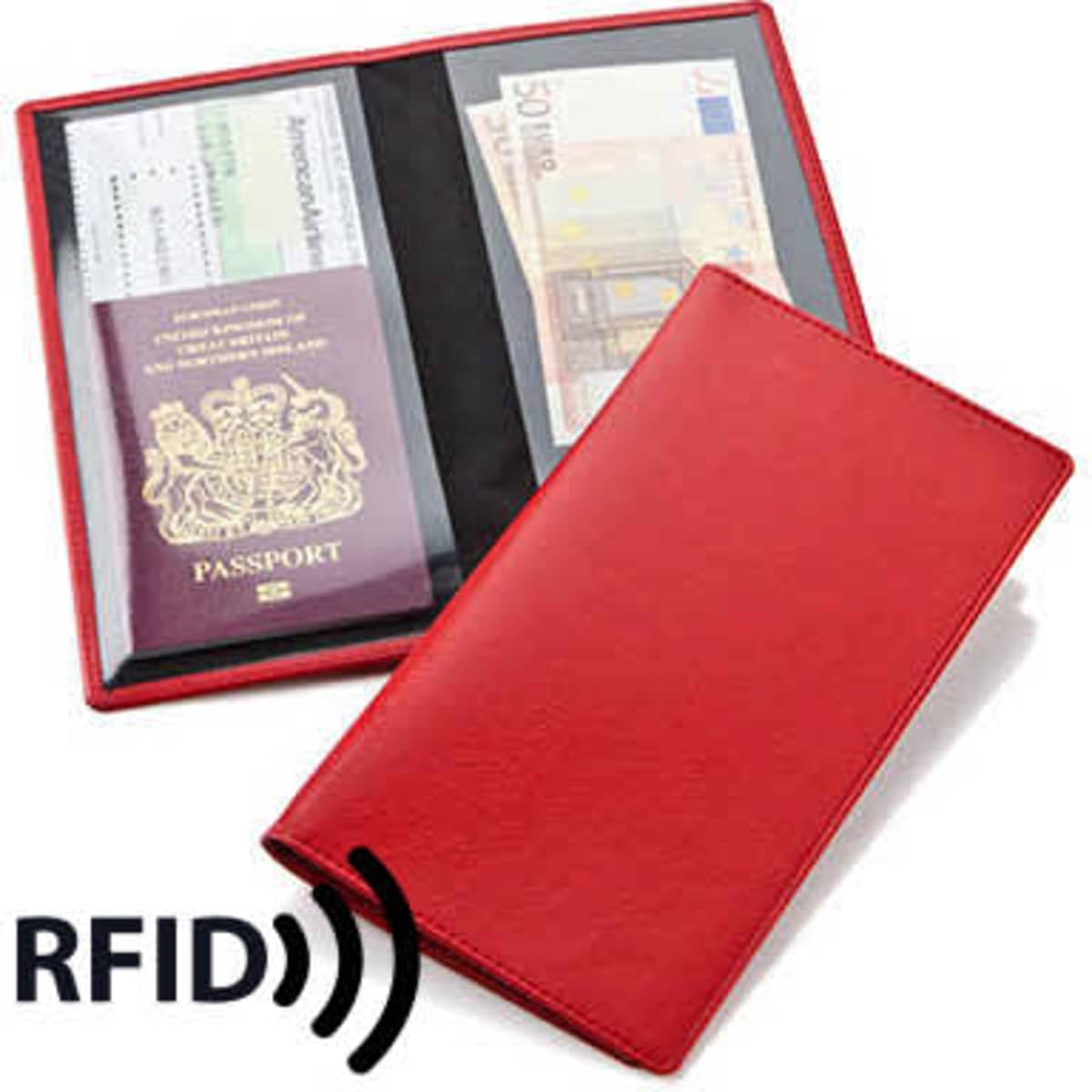 A red travel wallet with RFID protection, featuring sections for a passport and currency. It has a logo on the exterior.
