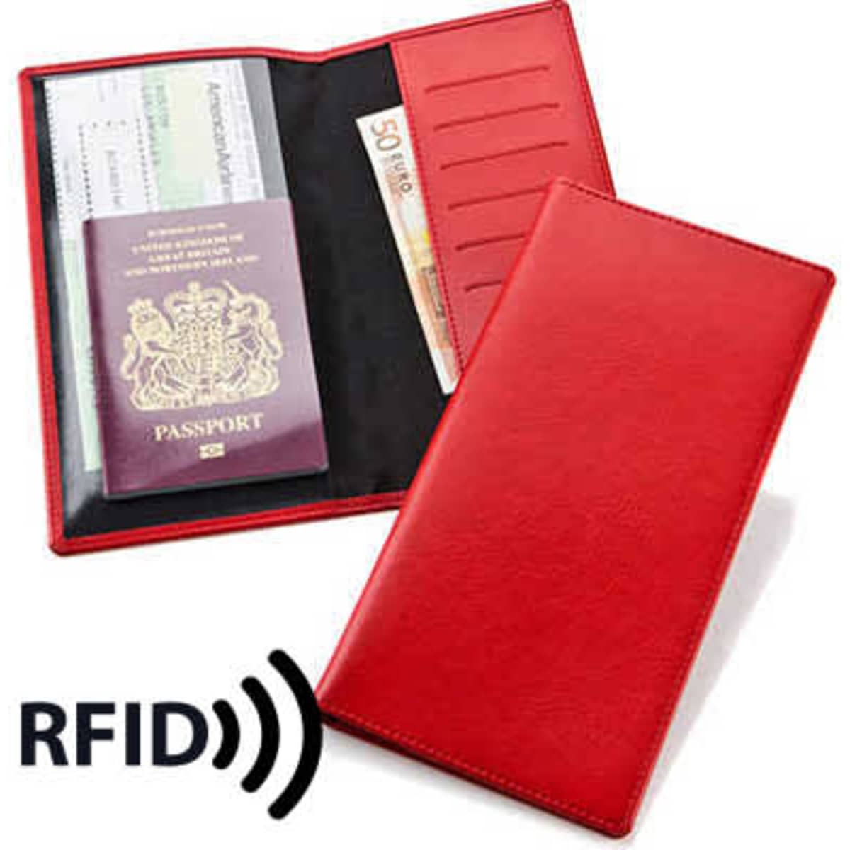 A vivid red travel wallet featuring RFID protection, with compartments for a passport and cards. It has a logo.