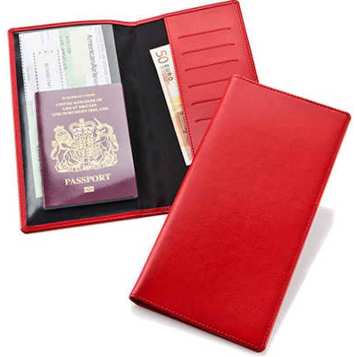 A red travel wallet displaying a passport, cash, and multiple card slots. It includes a logo.