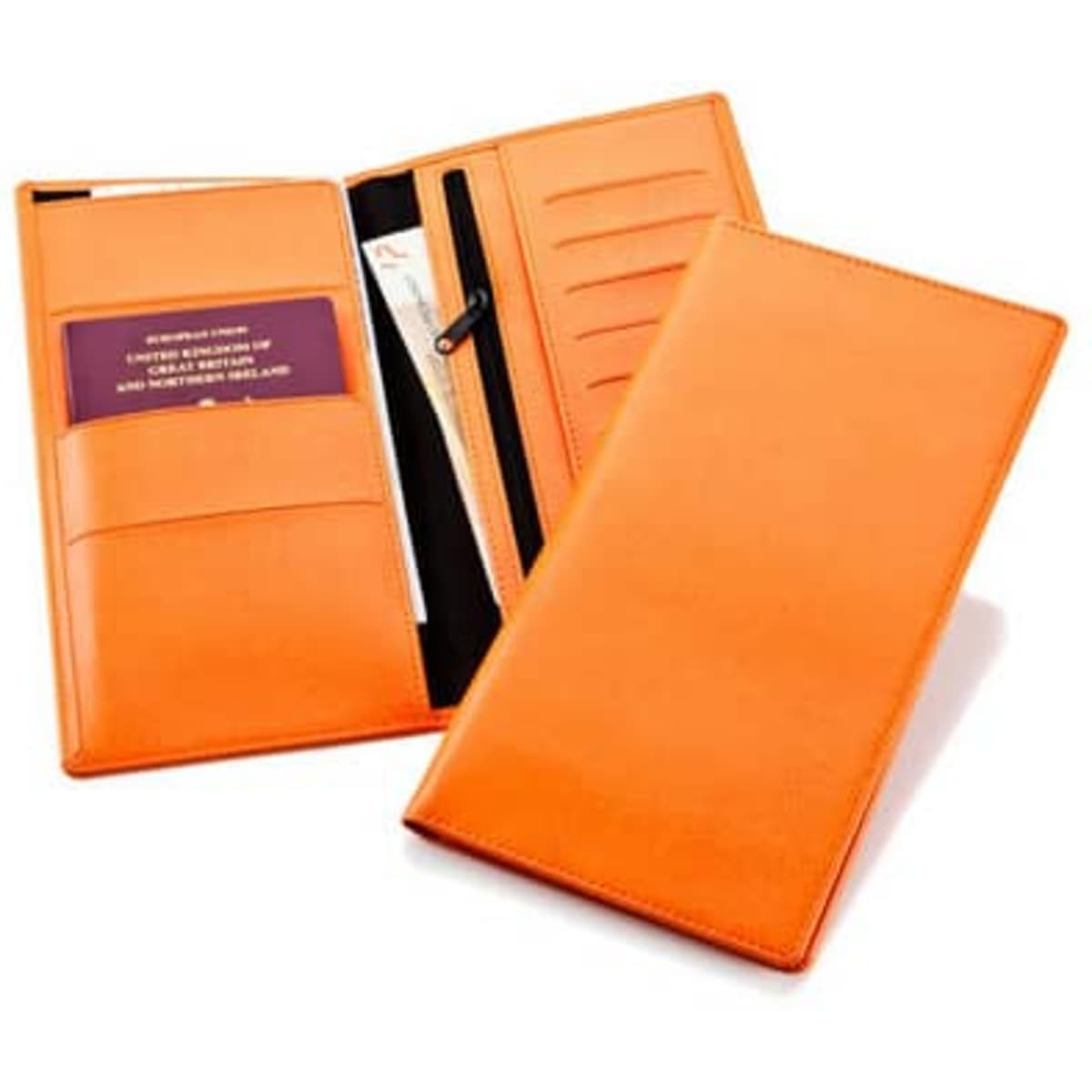 An orange travel wallet, featuring multiple card slots and a zipped compartment, with a logo visible.