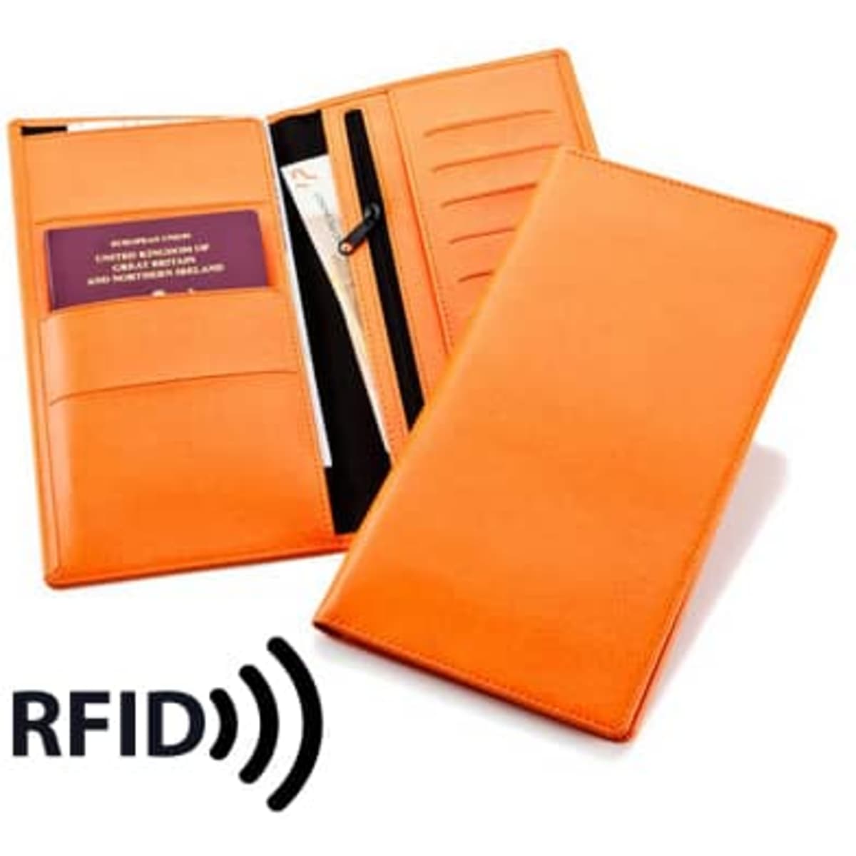 An orange travel wallet with RFID protection, featuring multiple compartments for cards and documents, plus a branding logo.