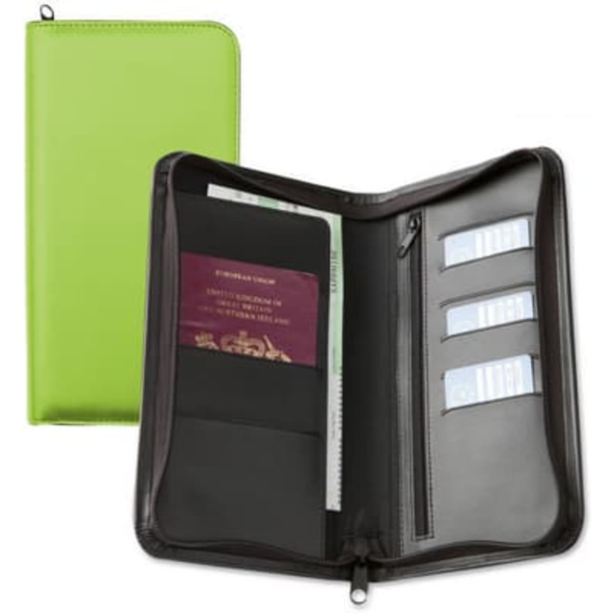 A green zipped travel wallet with a black interior, featuring pockets for cards, a passport, and a secure zip compartment.