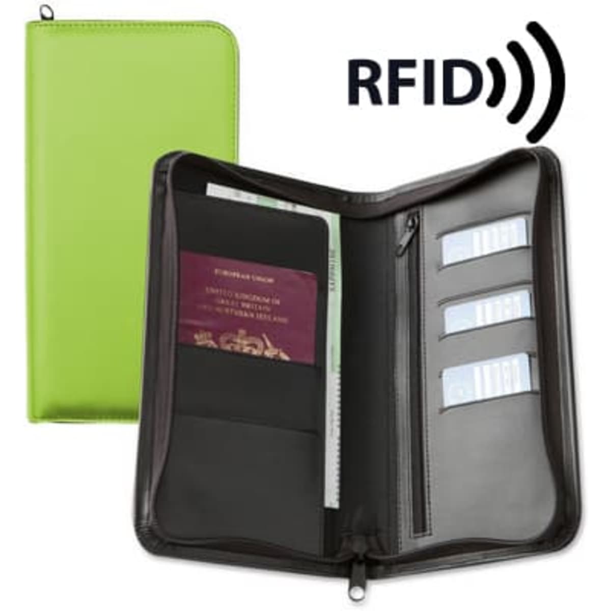 A vibrant green zipped travel wallet with RFID protection, featuring compartments for a passport and cards.