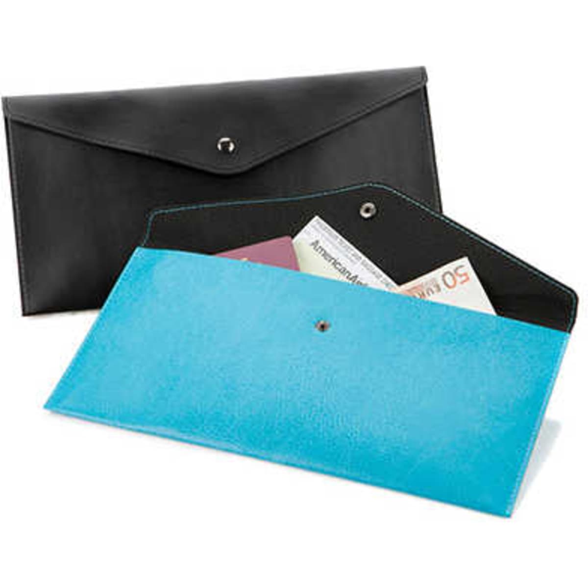 A black and turquoise envelope document wallet with a snap closure, featuring interior compartments for documents.