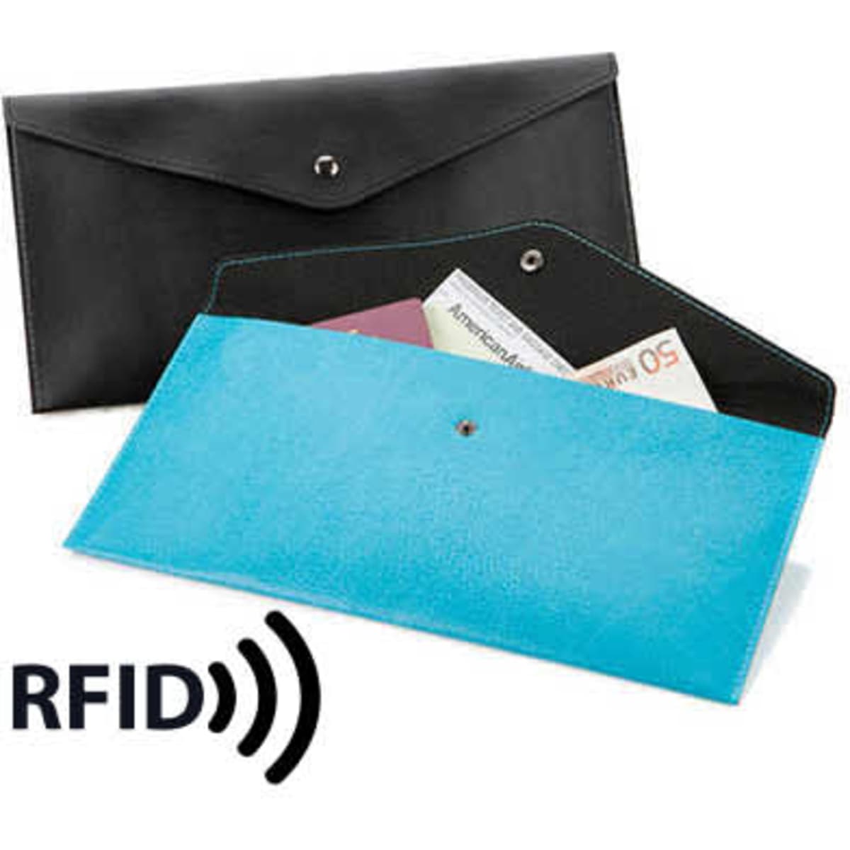 A black and teal document wallet with RFID protection, featuring a secure snap closure and multiple compartments.