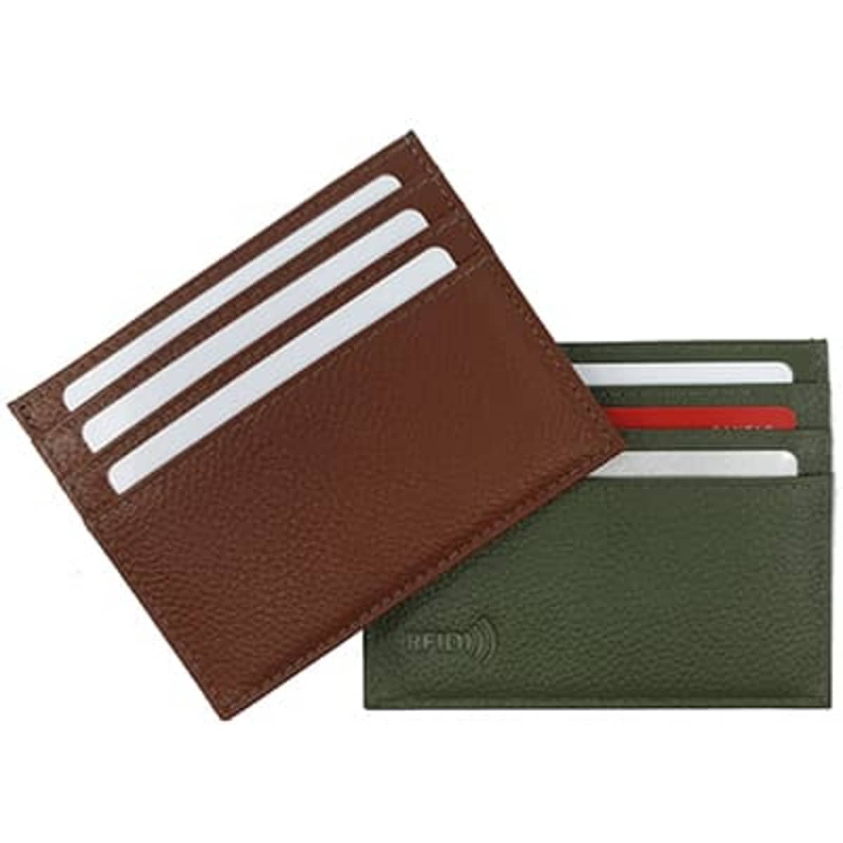 A brown and green Cuero premium slim leather credit card wallet with RFID protection, featuring multiple card slots and a logo.