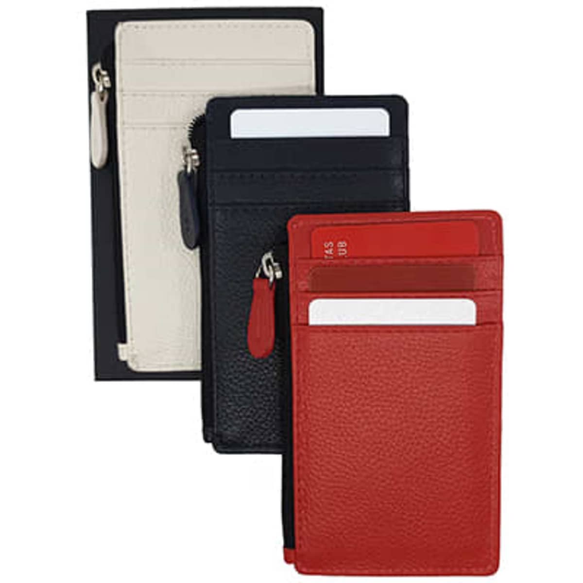 A set of premium slim leather credit card wallets in black, cream, and red, featuring a zip and card slots.