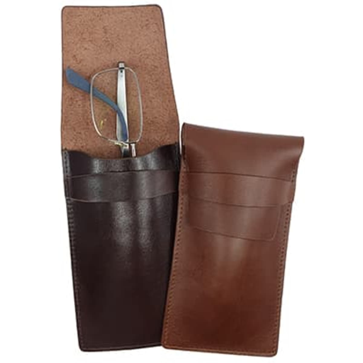 A premium leather glasses slip case in dark brown and light brown, featuring a soft interior and a single pair of glasses.
