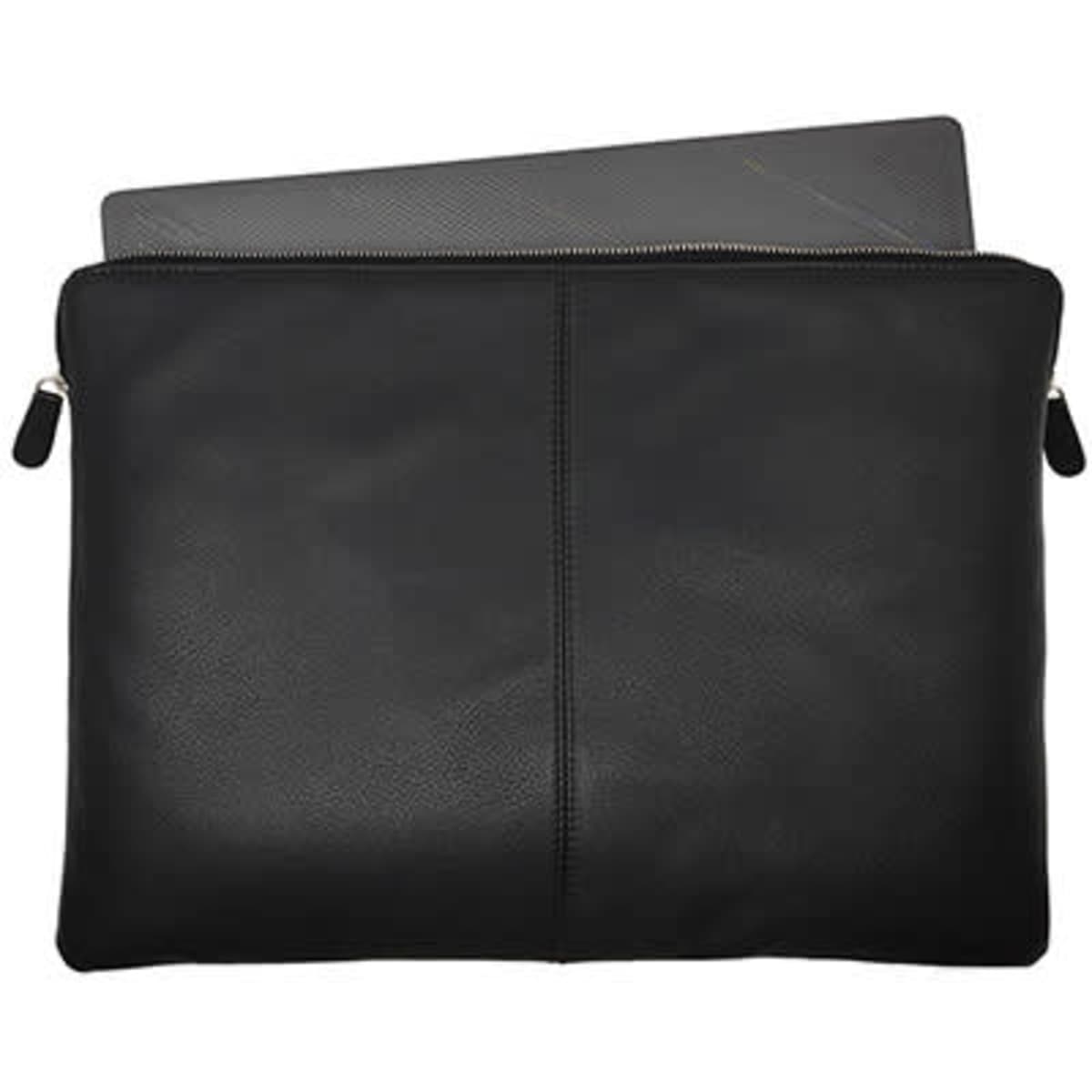 A black premium leather laptop sleeve featuring a sleek design, with a zip closure and a smooth finish.