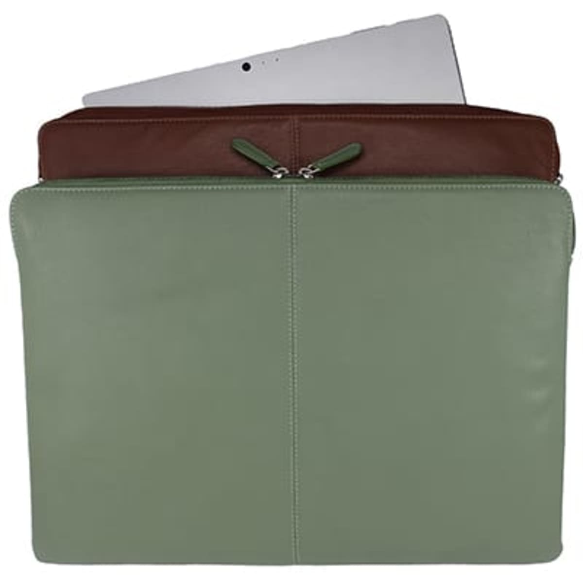A green and brown premium leather laptop sleeve with a zippered closure, featuring a laptop partially inside.