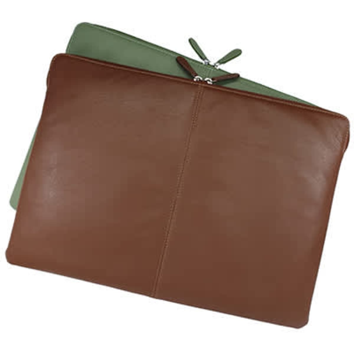 A premium leather laptop sleeve in brown, featuring a zip closure, with a green sleeve partially visible behind it.