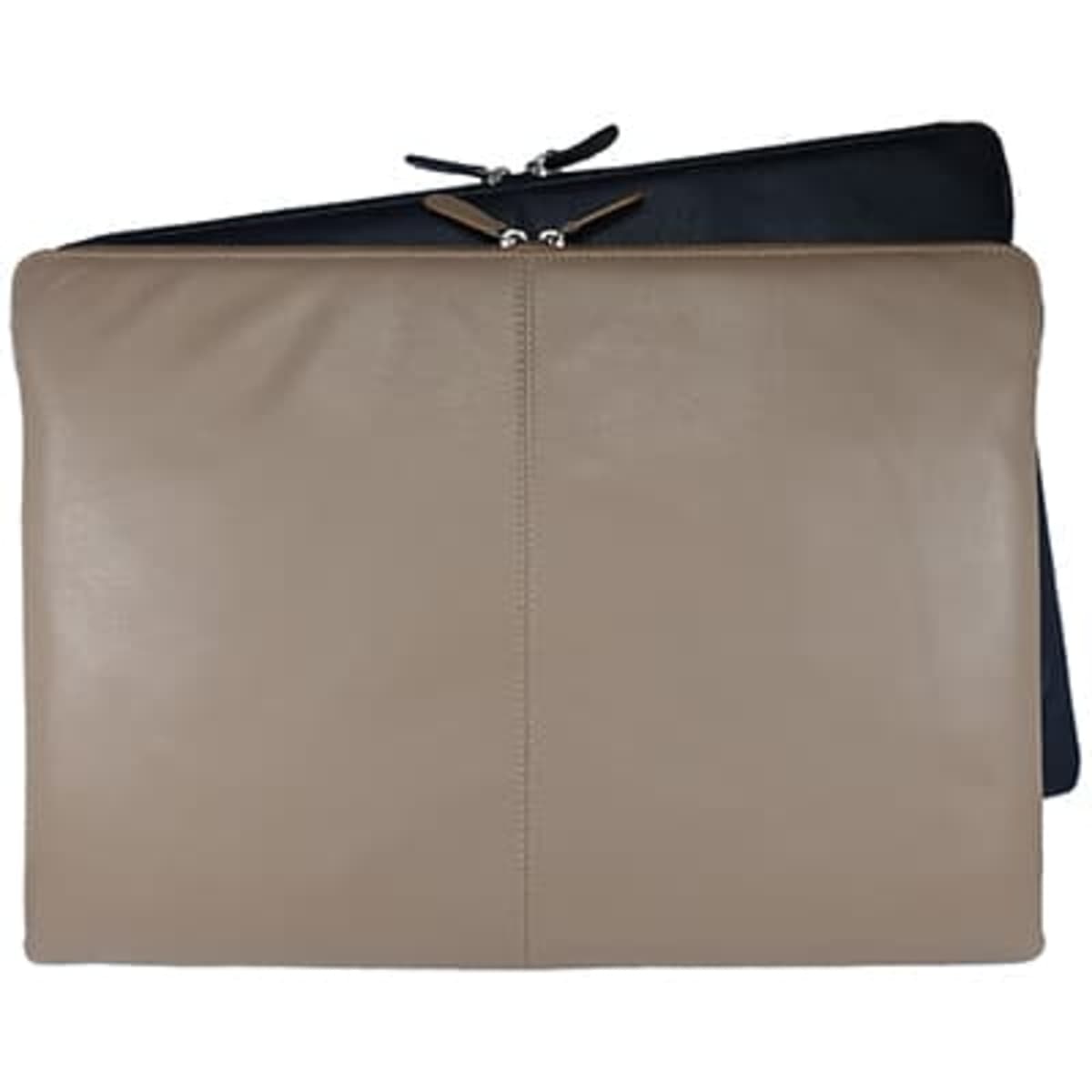A premium leather laptop sleeve in tan and black, featuring a sleek design and zipper closure.