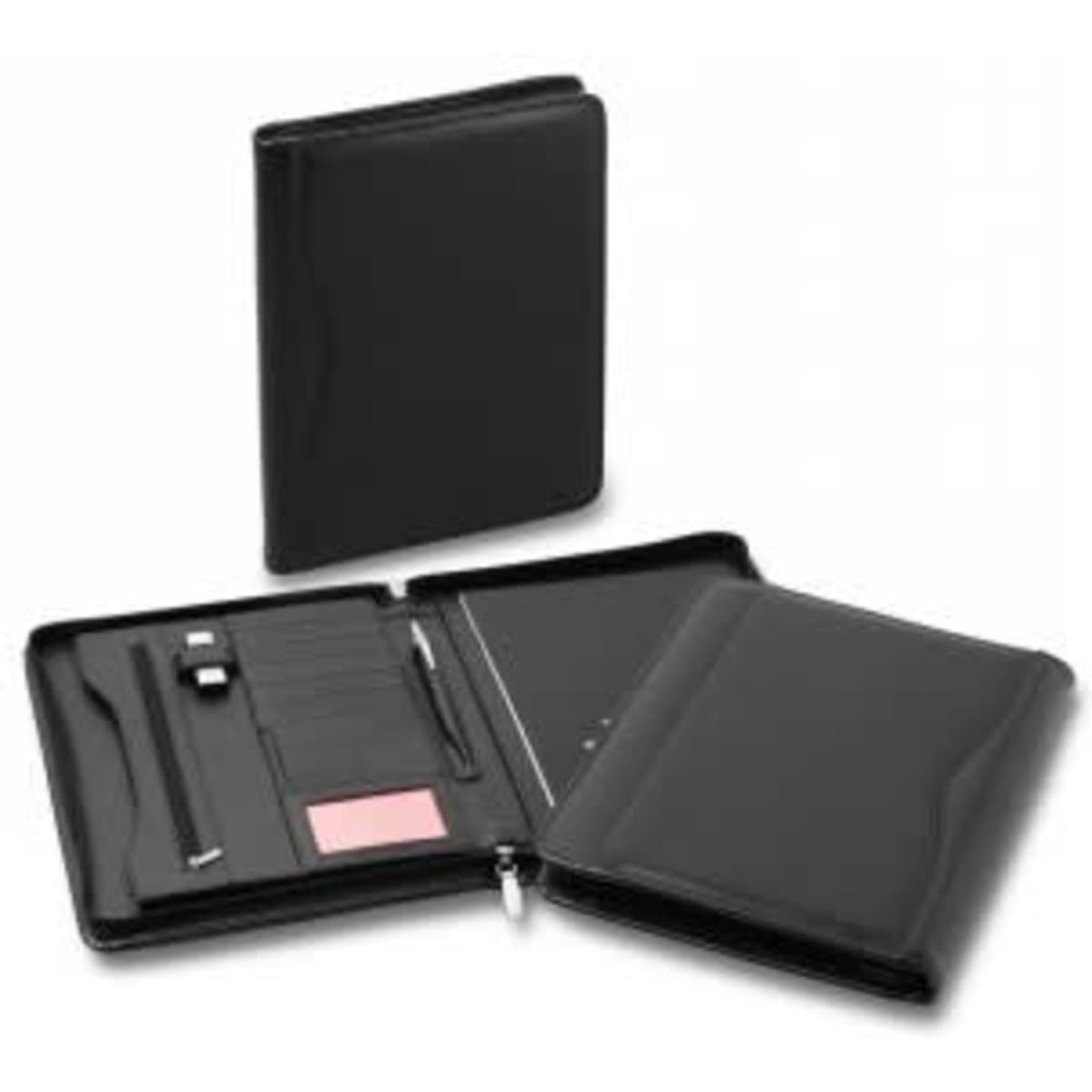 A black leather zip compendium featuring multiple pockets, a pen, and space for documents. Includes branding.