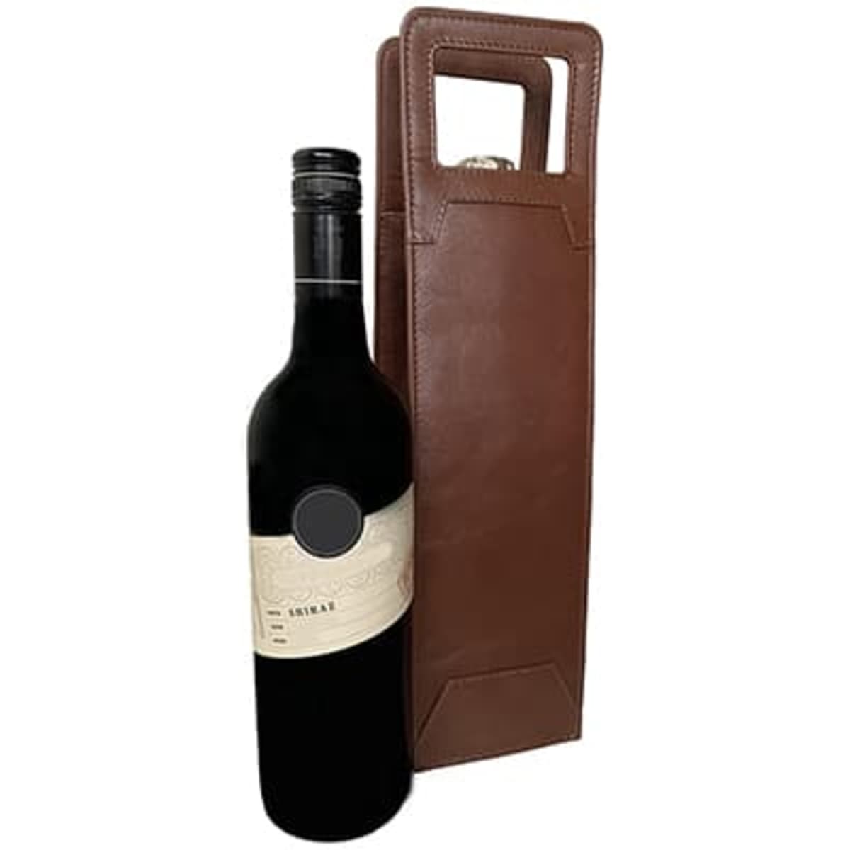 A drink bottle is encased in a brown leather wine carrier with a handle. The carrier has a sleek design and logo.
