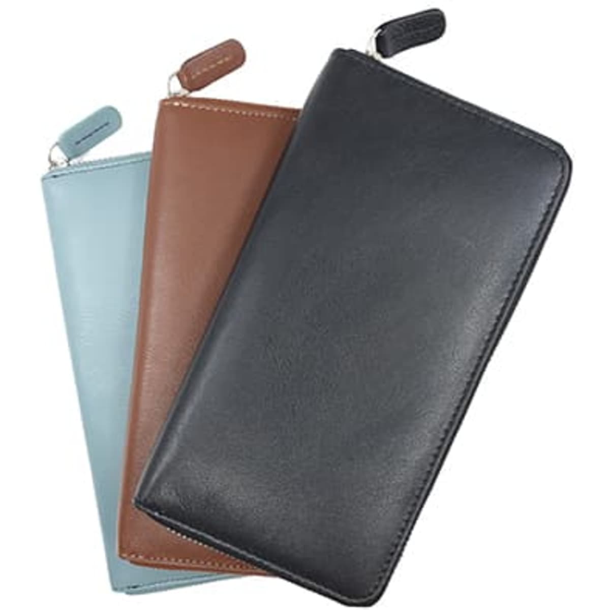 A collection of three zippered clutch purses in blue, brown, and black leather, featuring a logo on one.