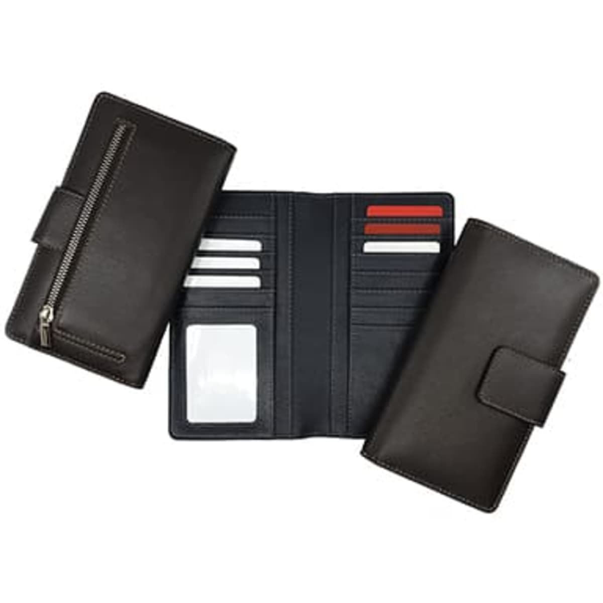 A dark brown leather clutch purse featuring a tab closure and multiple card slots, including a zippered compartment.