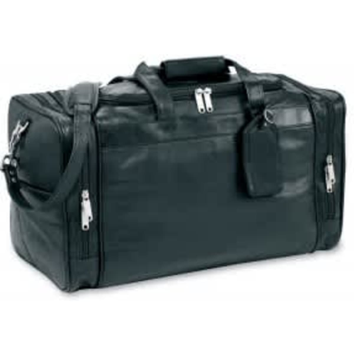 A black leather duffle bag with a shoulder strap, featuring two zippered compartments and a carrying handle.