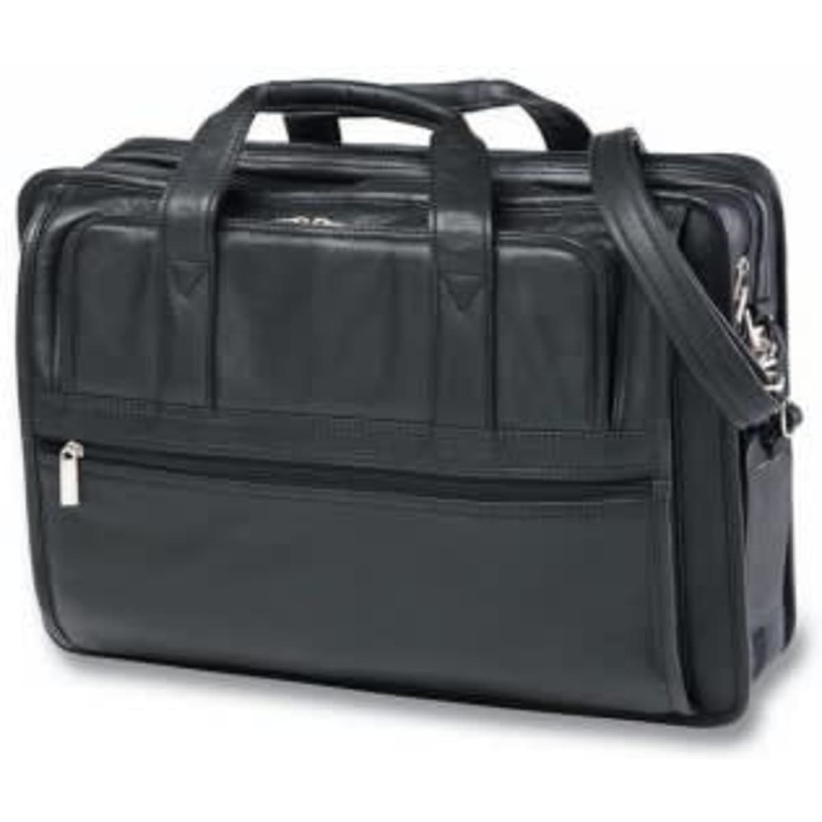 A black leather computer bag featuring multiple compartments and a detachable shoulder strap. It also has a logo prominently displayed.