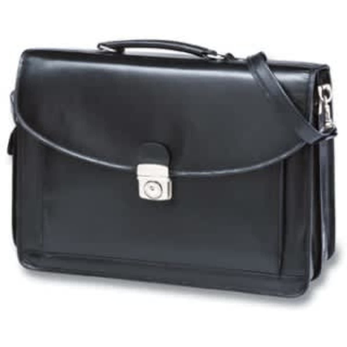 A black leather briefcase featuring a handle, adjustable strap, and a metallic clasp, with a logo on the front.