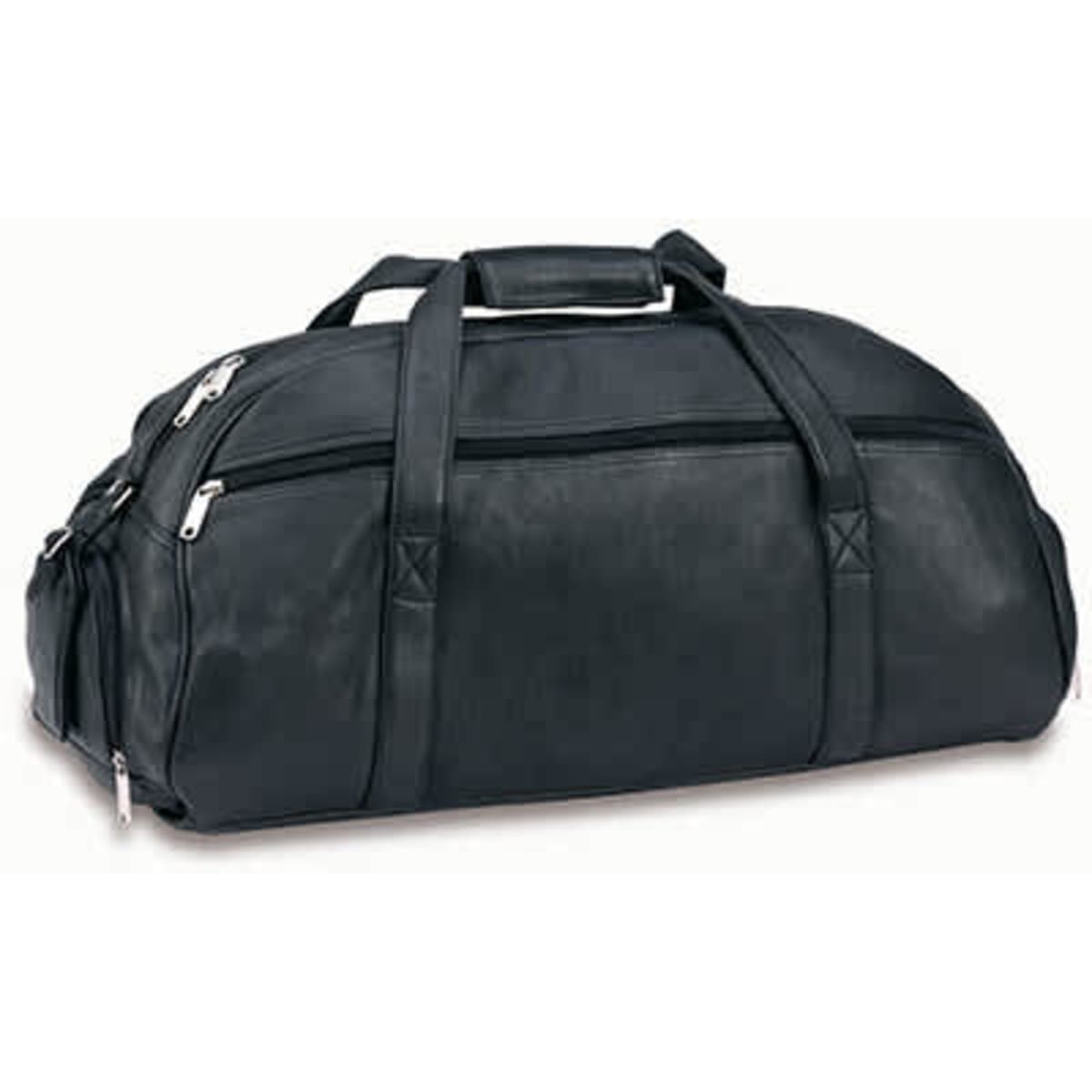 A black leather duffle bag with multiple zippered compartments and sturdy handles. Features a logo.