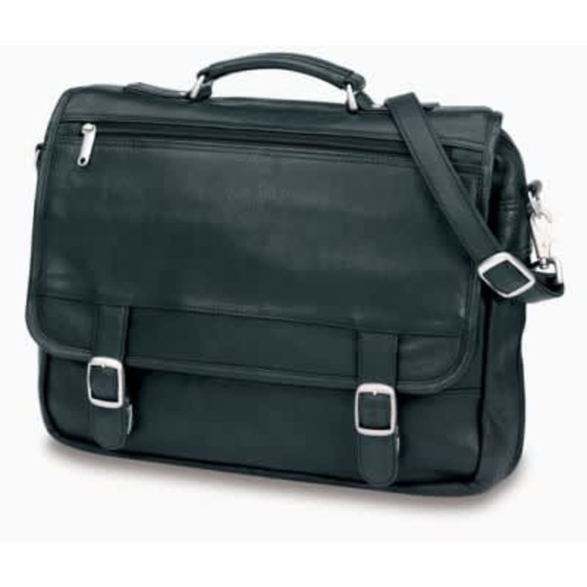 A dark green leather flap satchel bag with a top handle, adjustable shoulder strap, and silver hardware.
