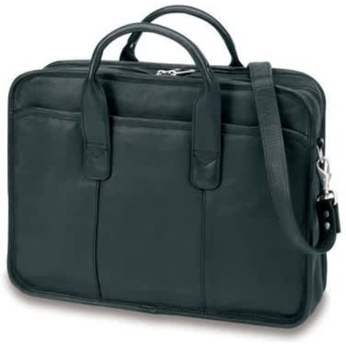 A dark leather satchel bag with double handles and a detachable shoulder strap, featuring multiple compartments and a logo.