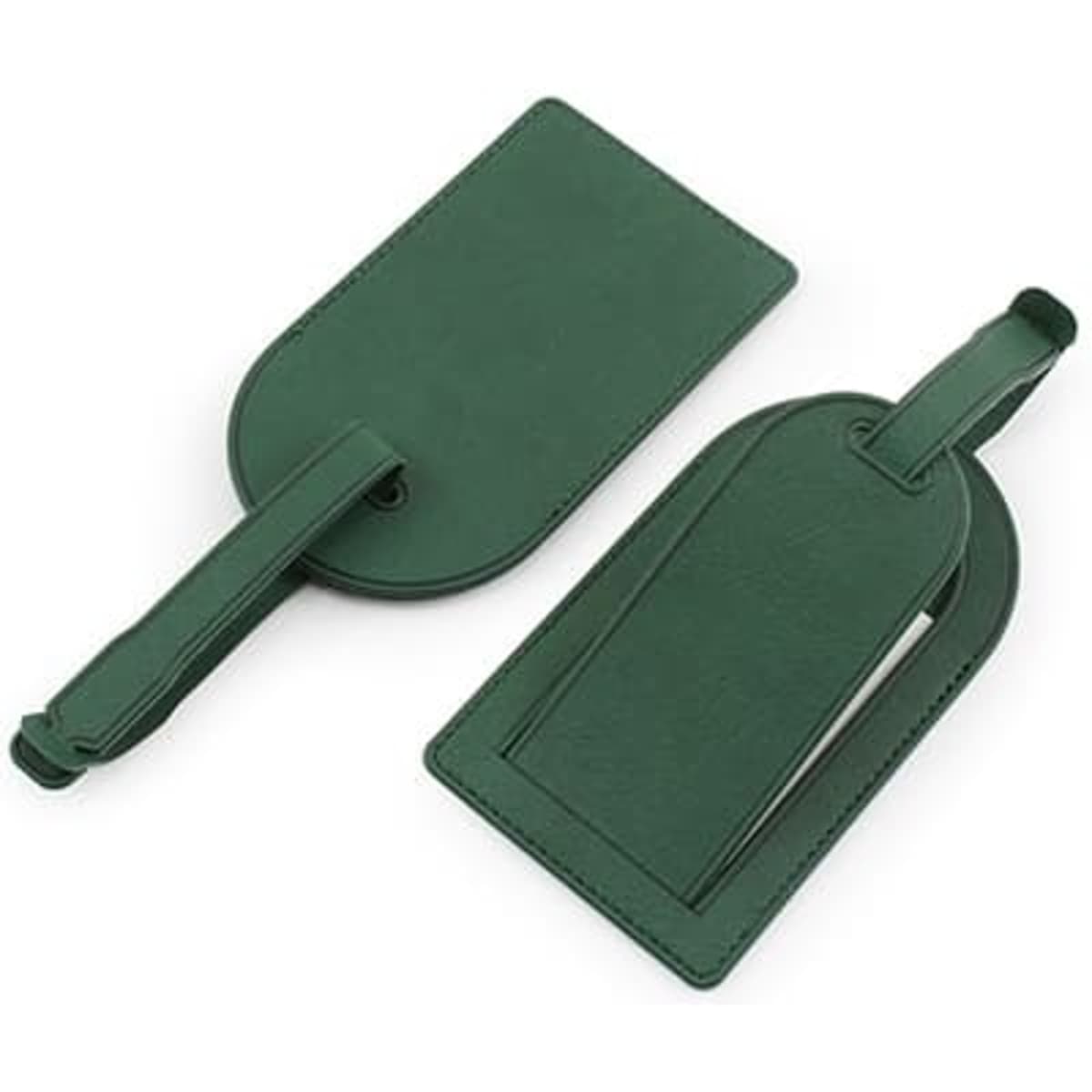 A biodegradable large concealed luggage tag in dark green, featuring a slim design with a strap for attachment.