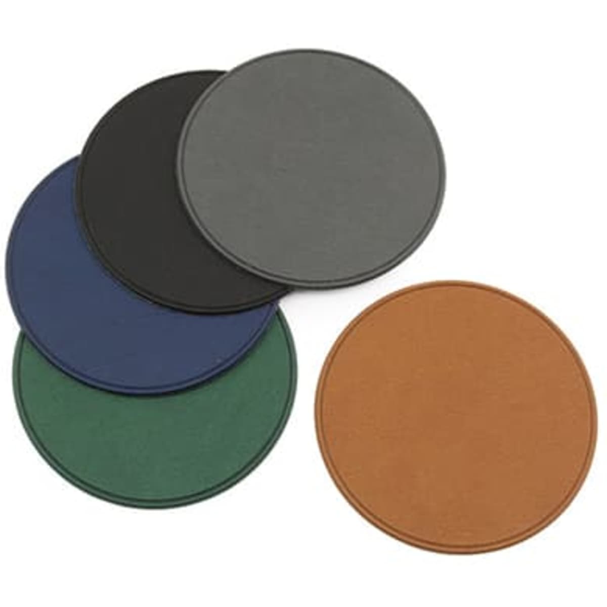 A set of biodegradable round coasters in green, blue, black, grey, and brown, stacked together.