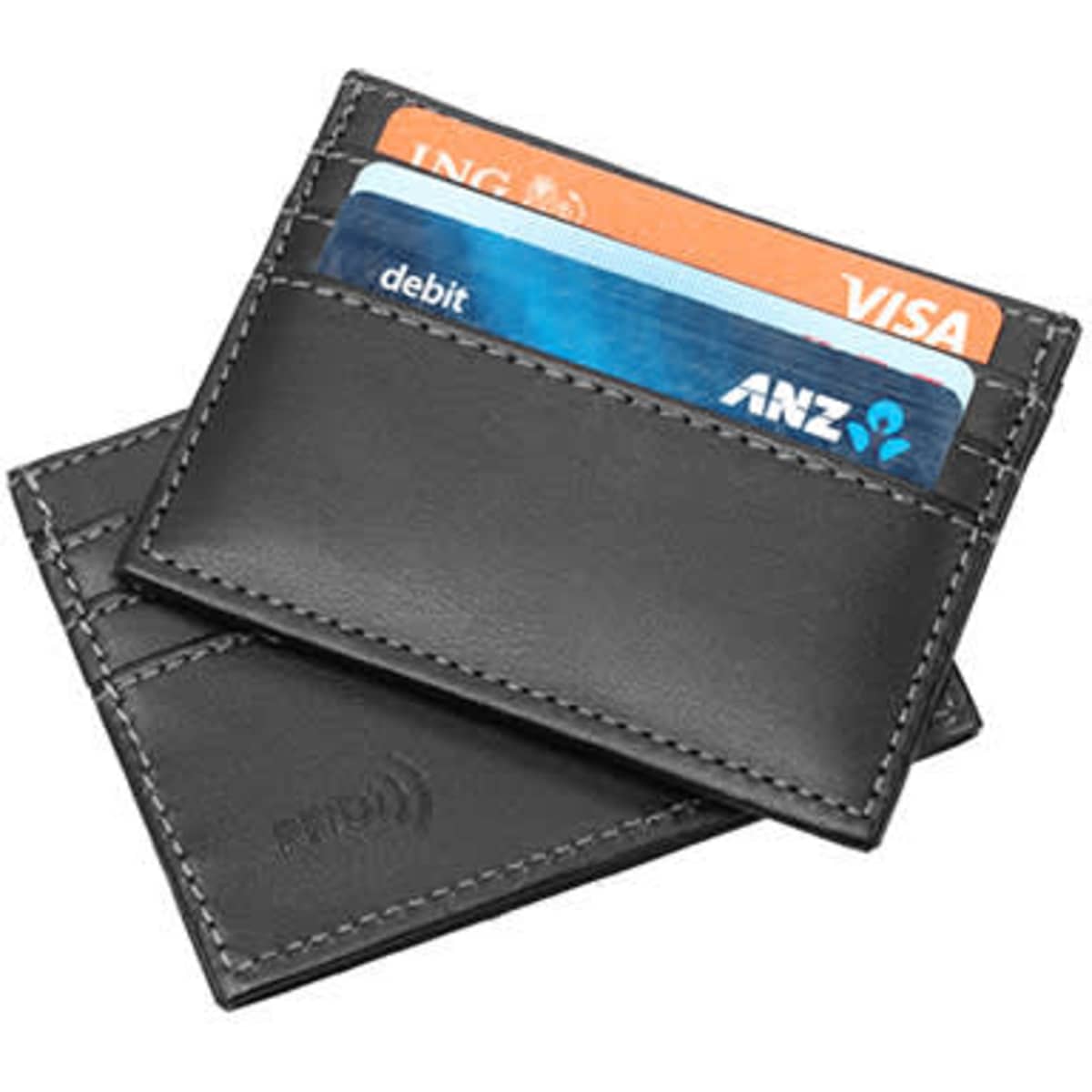 A sleek black leather credit card wallet with RFID protection, featuring multiple card slots.