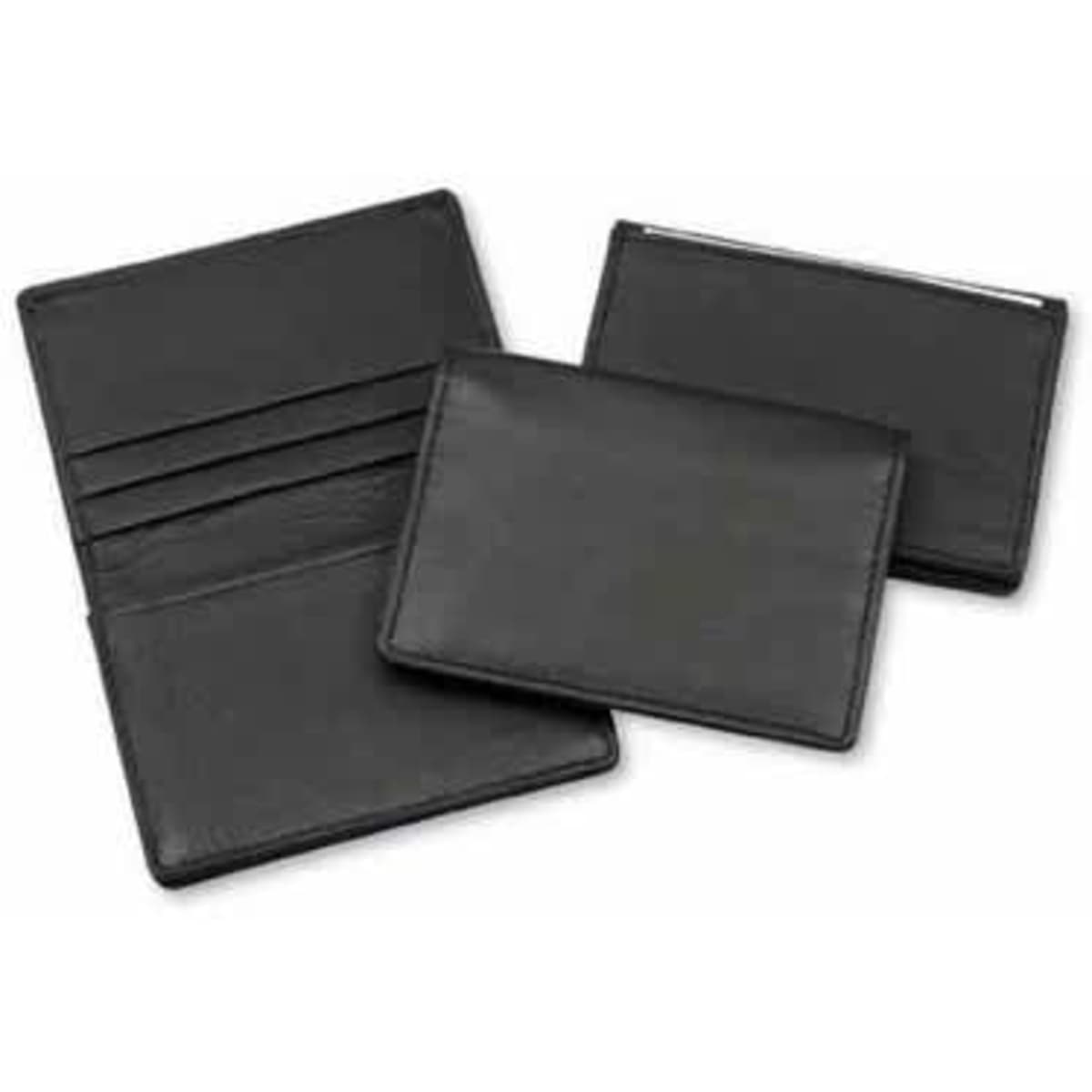A premium black leather card holder featuring multiple card slots and a separate credit card section. It has a logo.