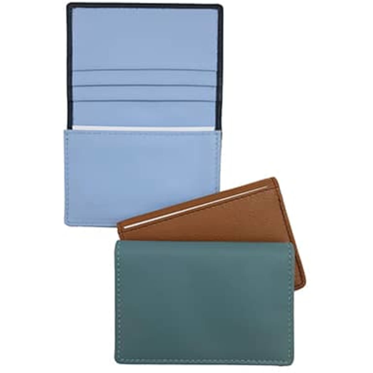 A premium leather card holder in teal and brown, featuring credit card sections and a branding logo.