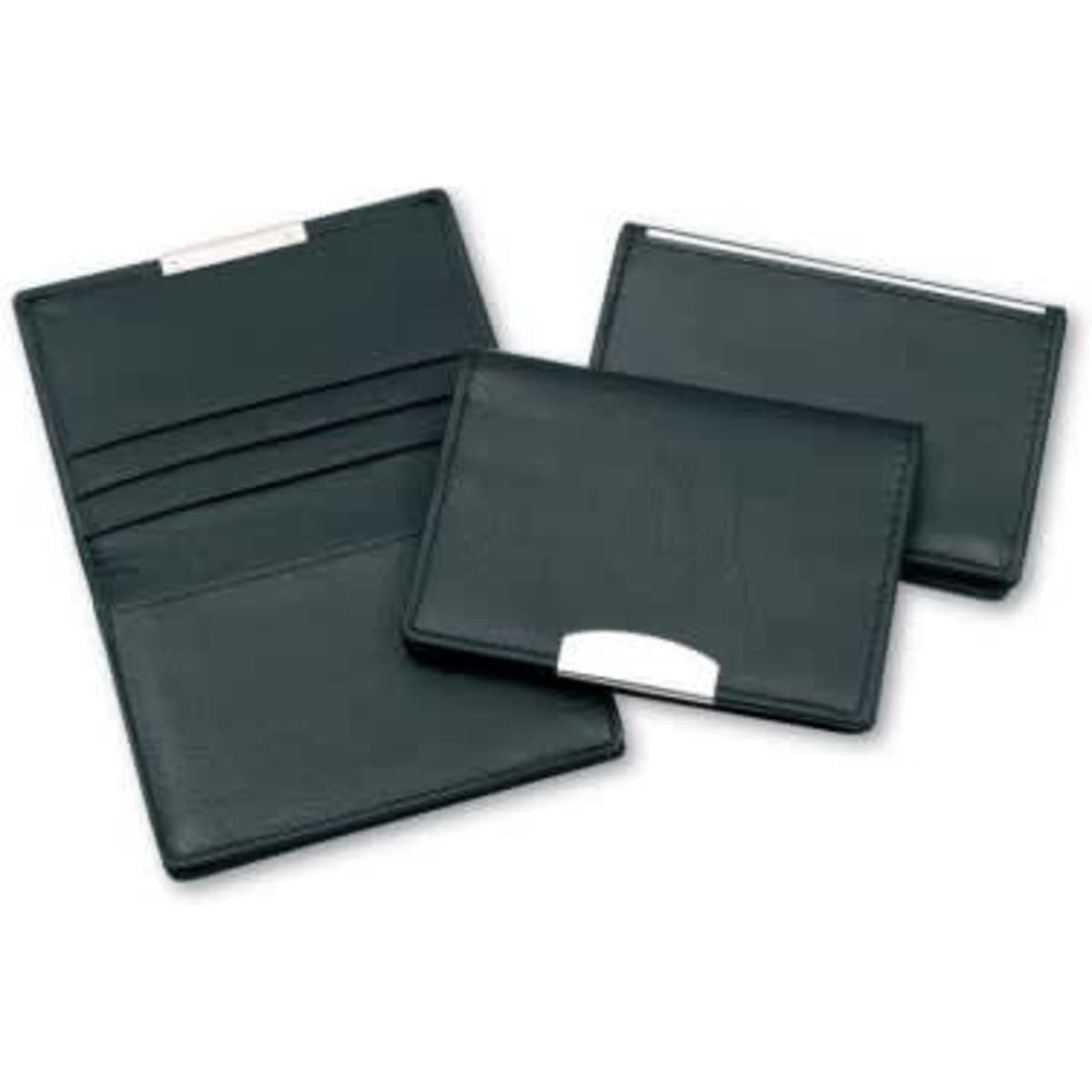 A premium leather card holder in dark green with a credit card section and silver trim, featuring a logo.