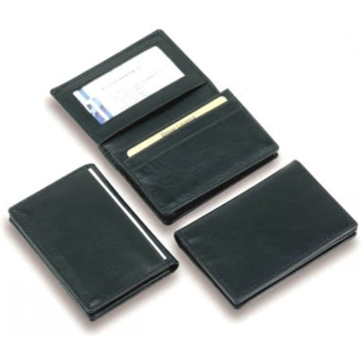 A premium black leather window card holder featuring multiple slots and a logo. Ideal for storing cards and identification.