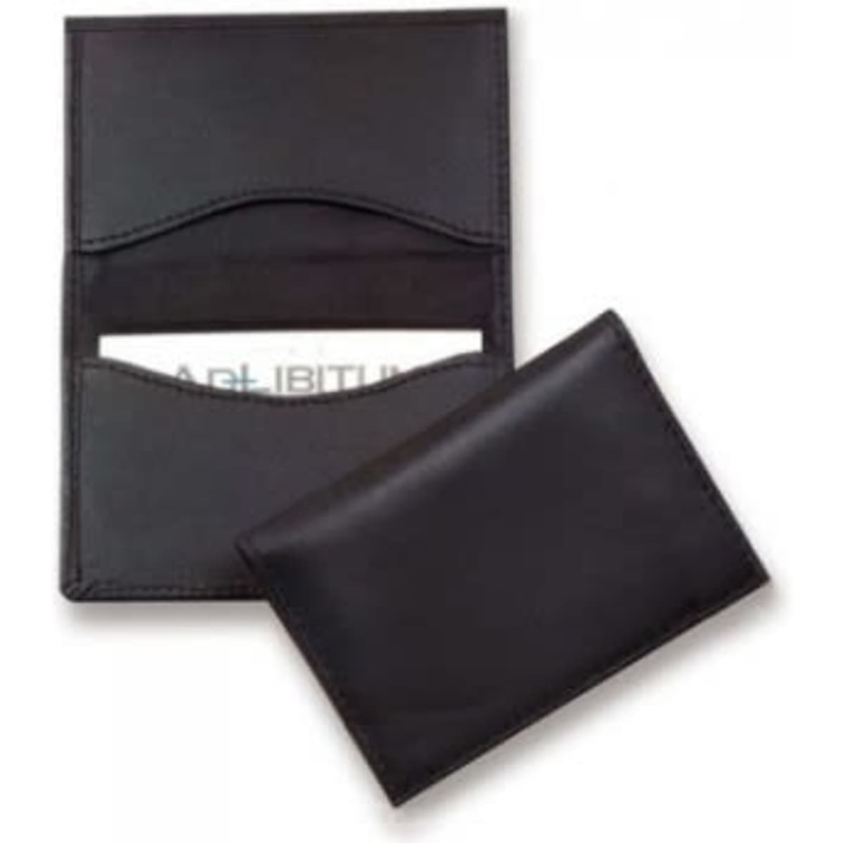 A black classic business card holder featuring two pockets for cards and a sleek design.