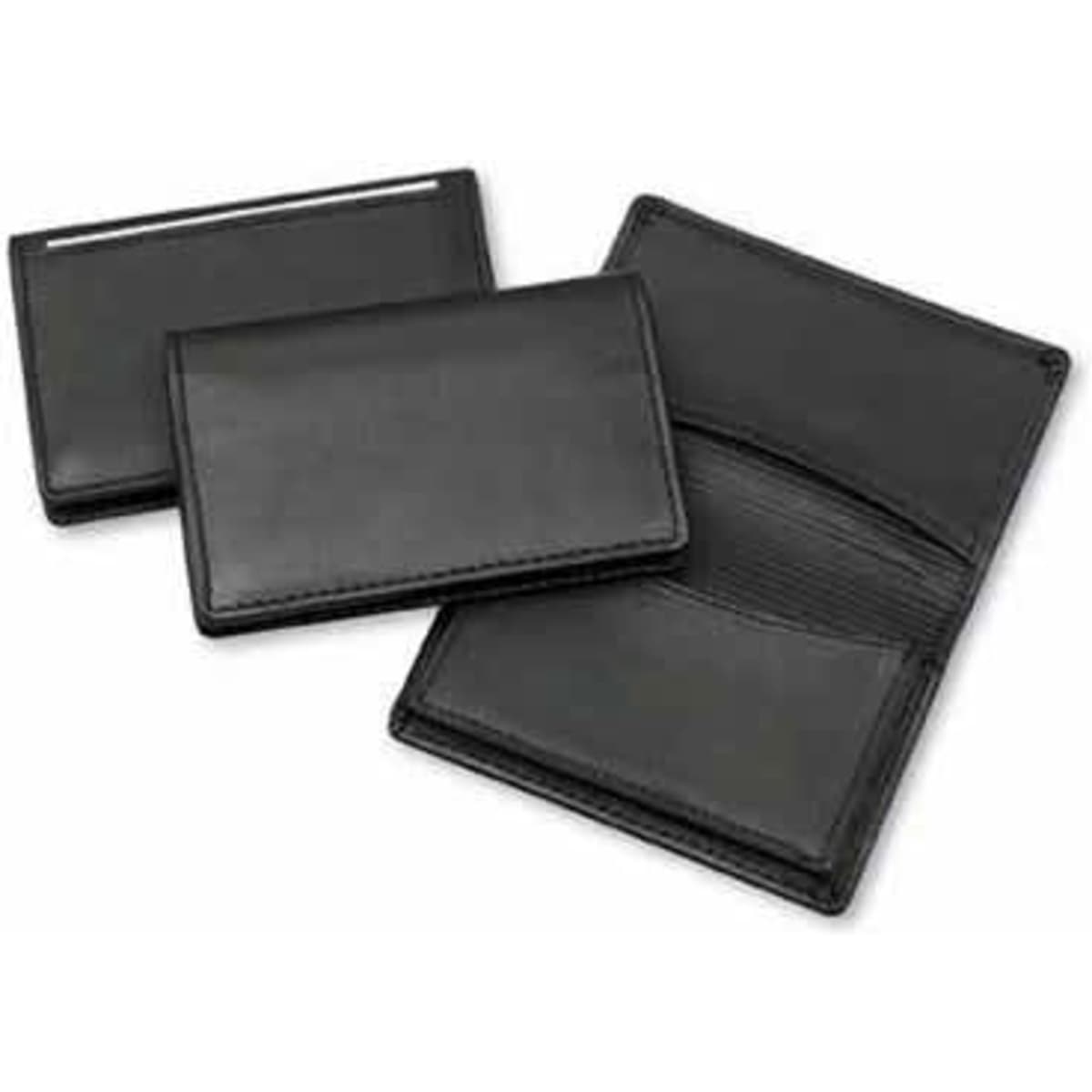 A premium black leather card holder with multiple compartments and a logo.