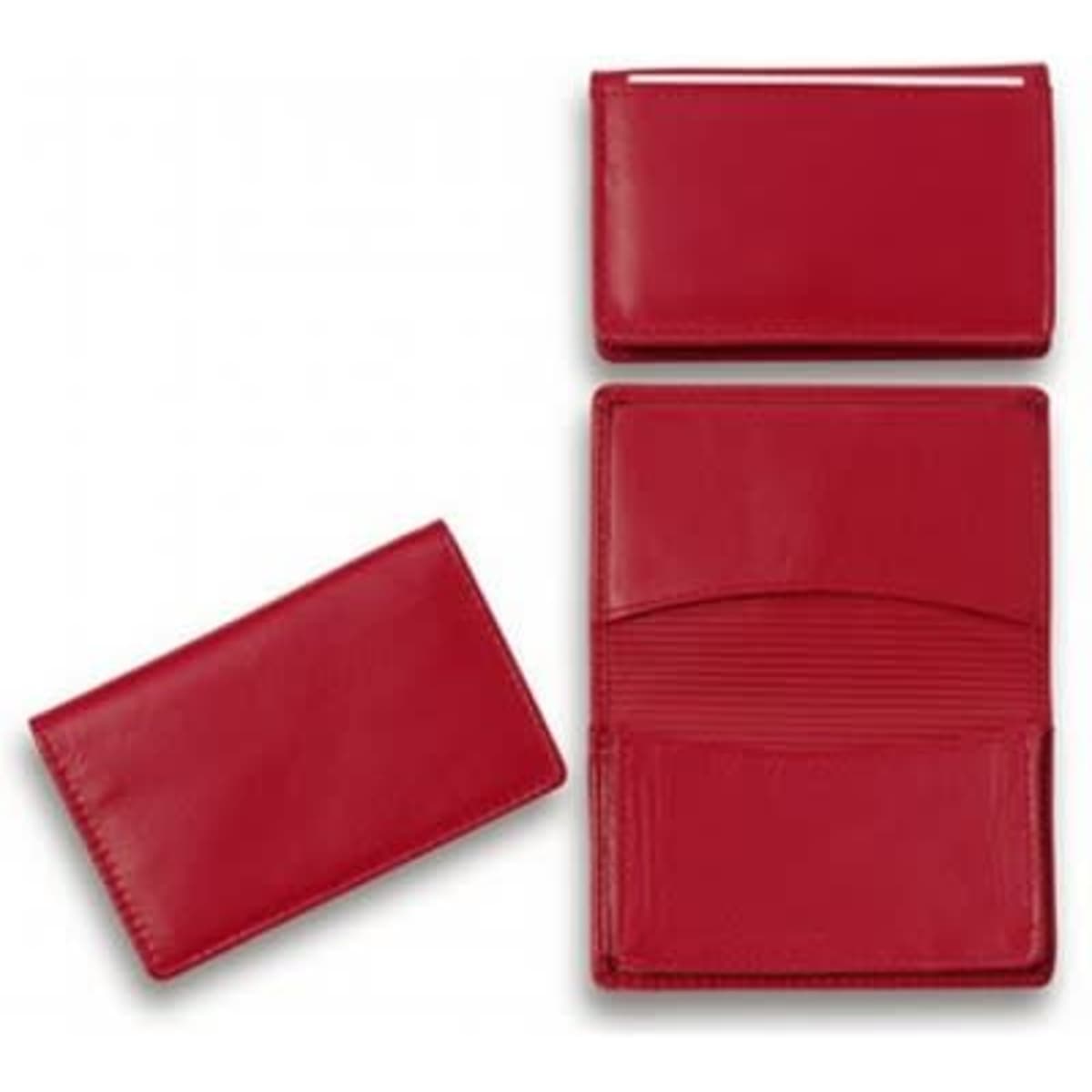 A red premium leather card holder featuring multiple slots and a smooth finish, with a branding logo visible.