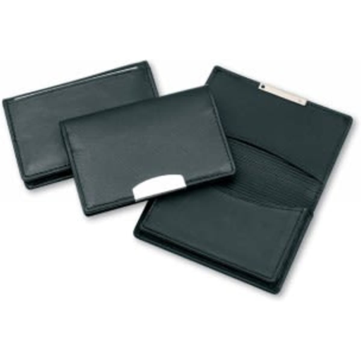 A premium black leather card holder with silver trim, featuring multiple card slots and a sleek design.