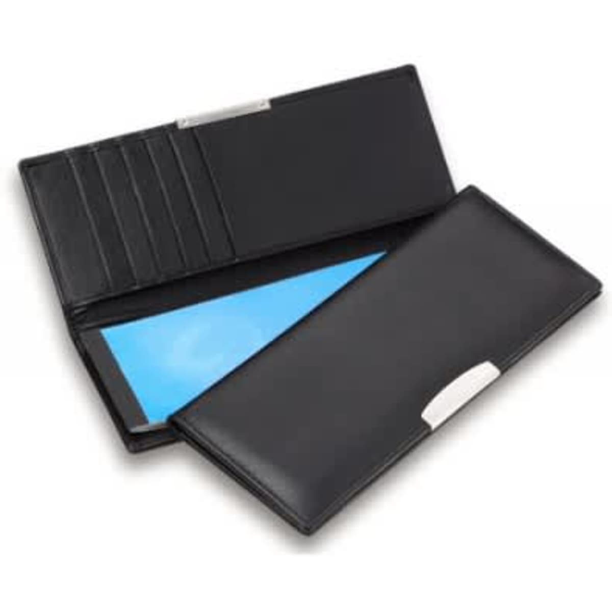 A premium black leather cheque book wallet with silver trim, featuring multiple card slots and a sleek design.