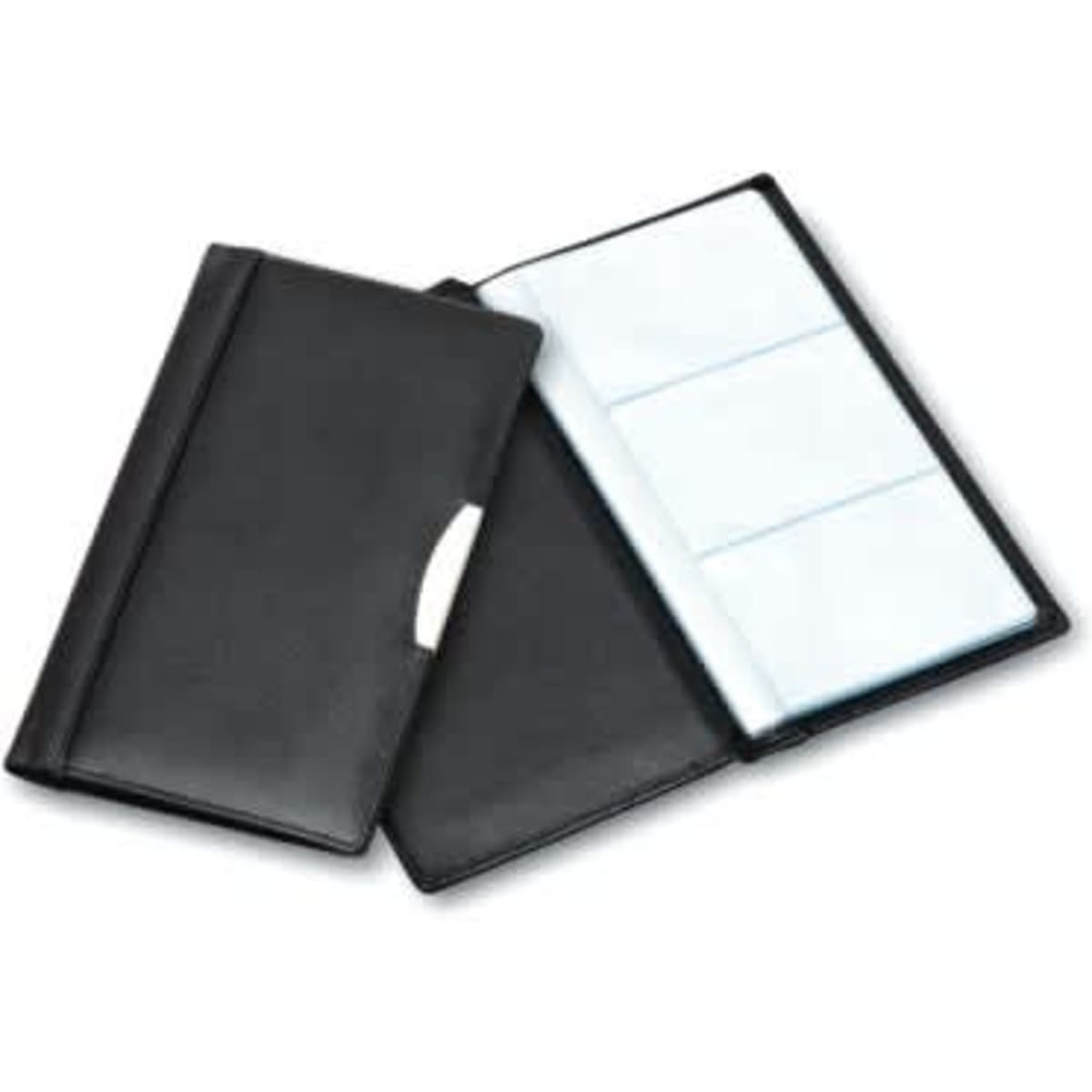 A black leather card file with multiple card slots and a smooth exterior. It features a logo on the front.
