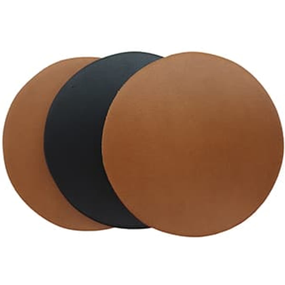 Three rustic round coasters in tan and black, featuring a smooth surface and a logo.