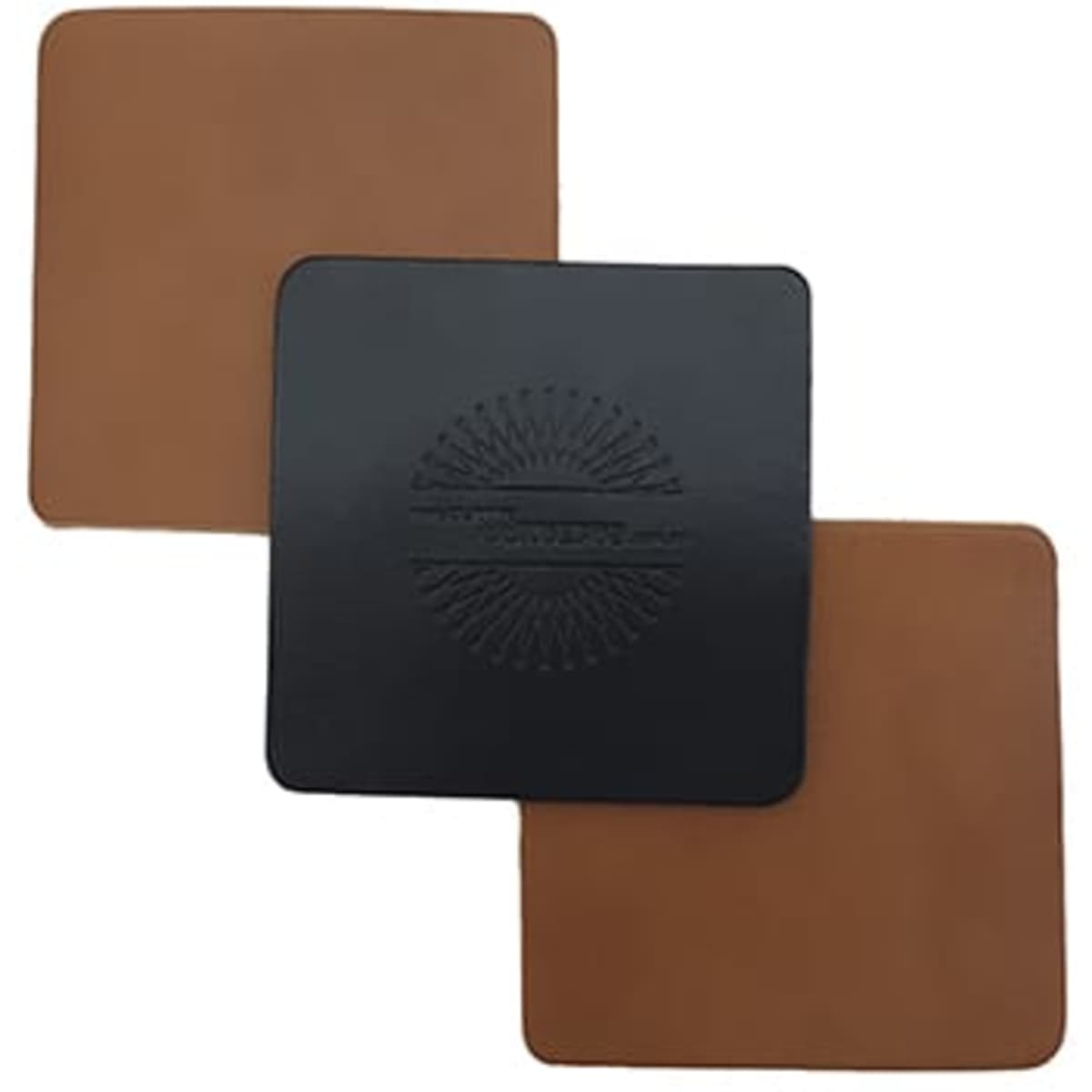 A rustic square coaster set featuring black and brown tones, displaying a logo on one coaster.