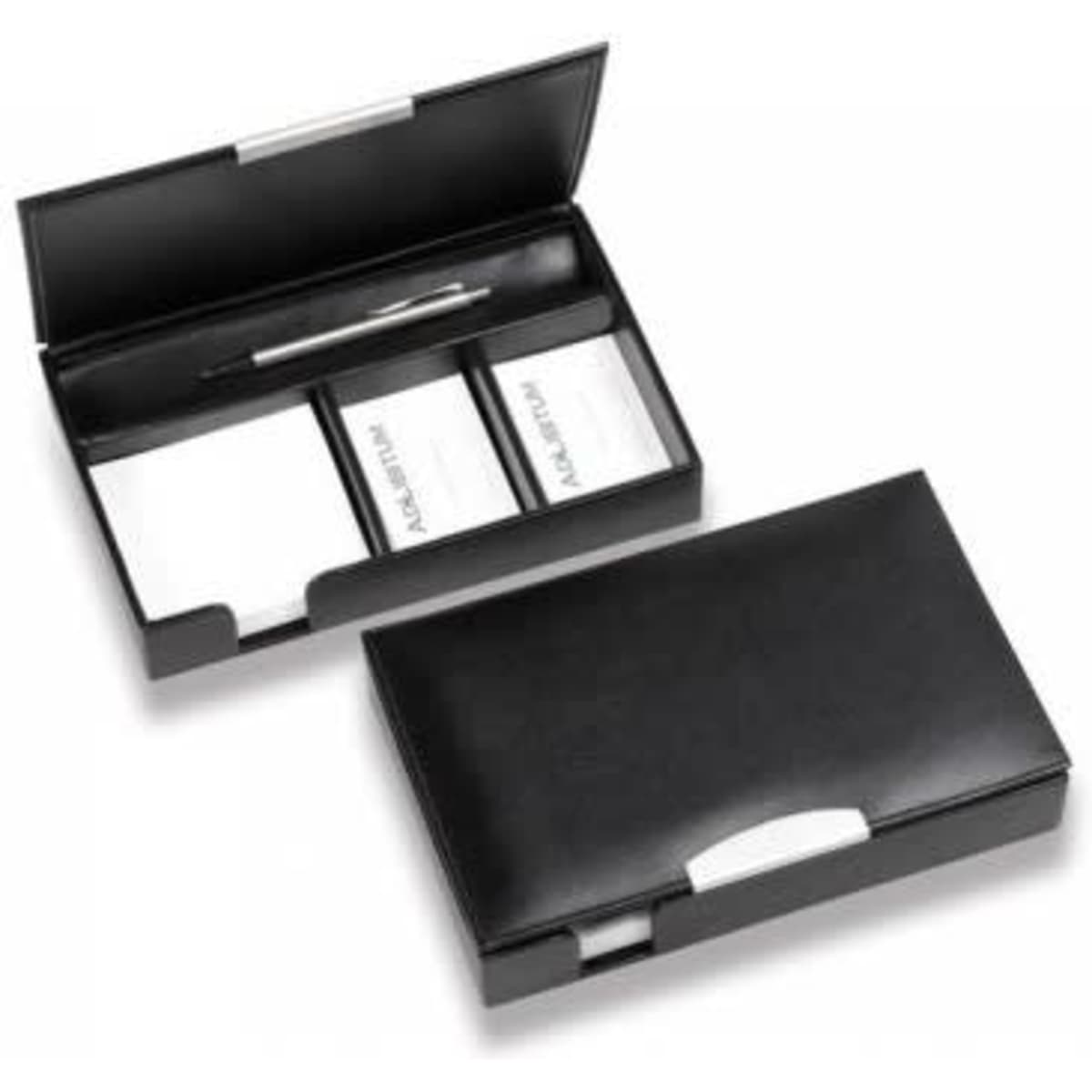 A black leather desk organiser with silver trim, featuring compartments for business cards and a pen. It has a logo.