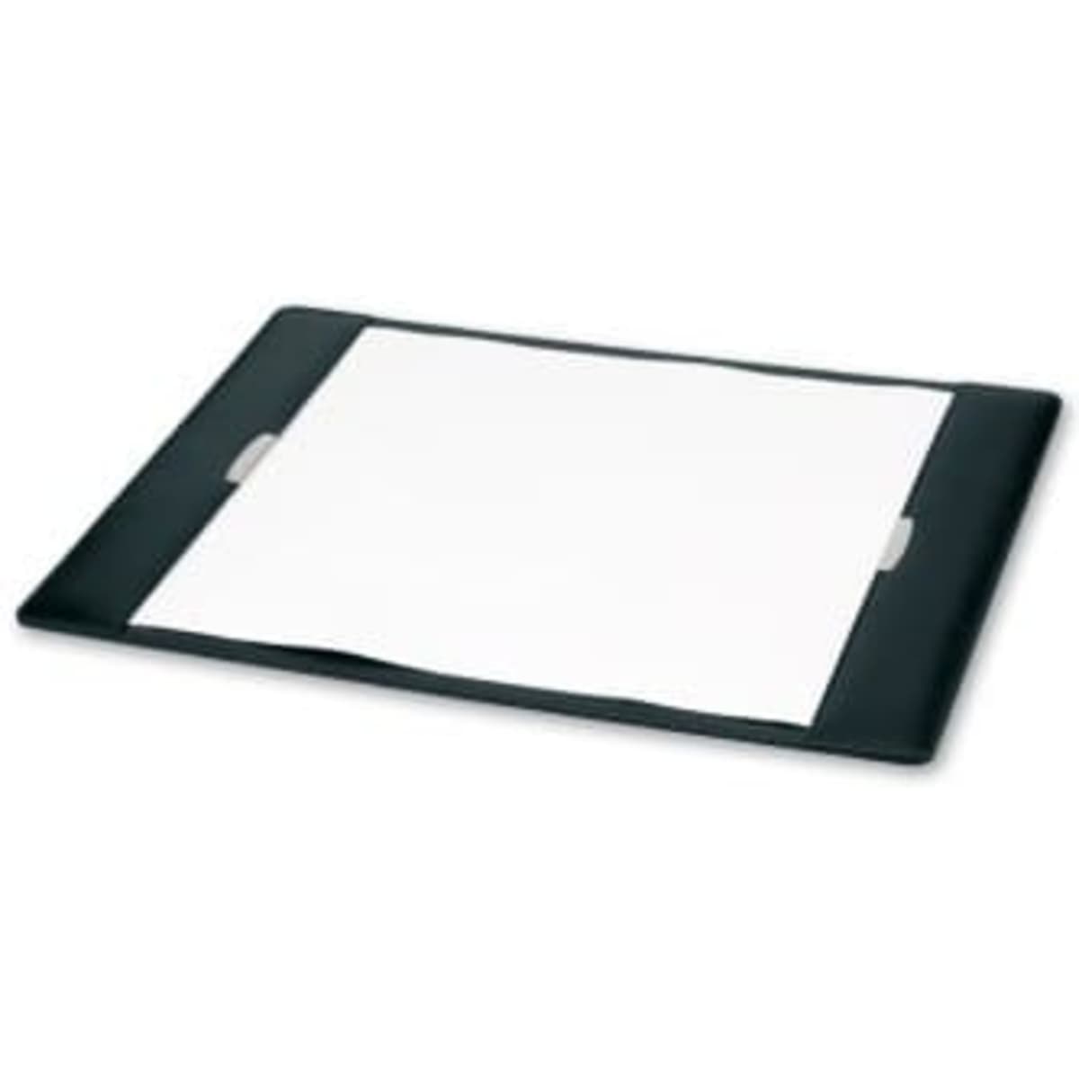 A black executive leather desk pad featuring silver trims, designed for office use. It includes a white paper insert.