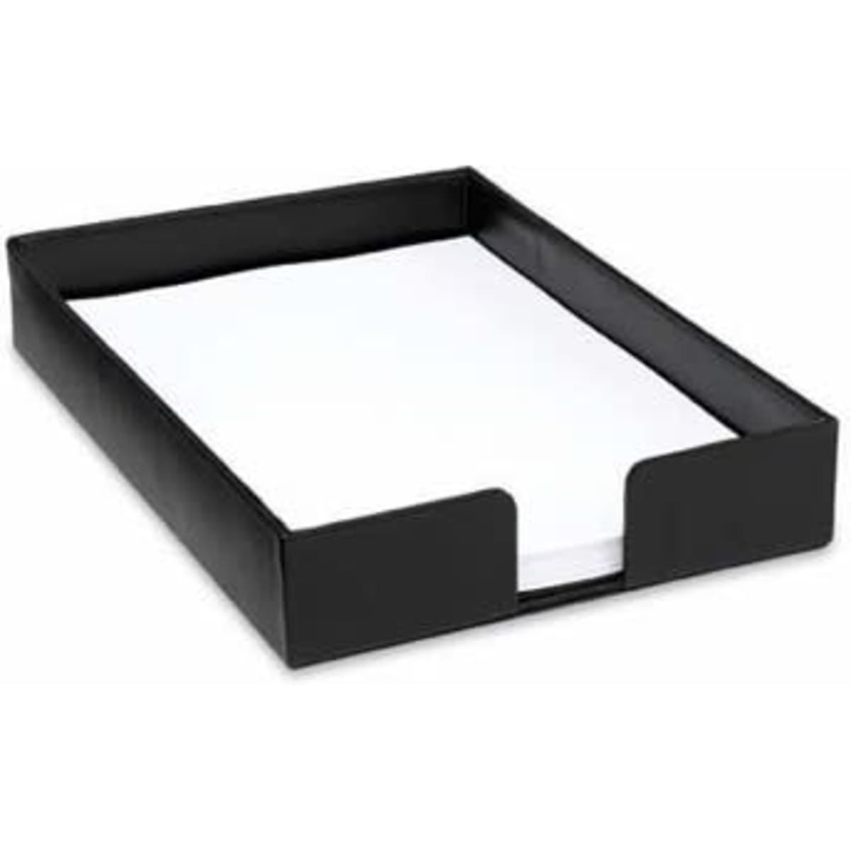 A black leather A4 desk tray with a sleek design, suitable for organising papers. Features branding on the side.