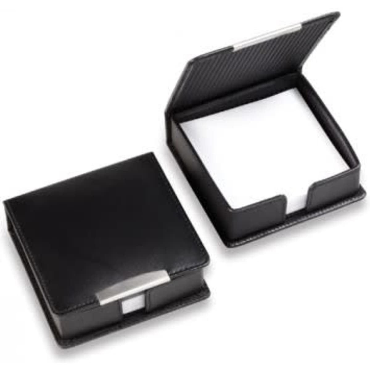 A black leather memo box with a silver clasp, featuring an open and closed view and interior notepad.