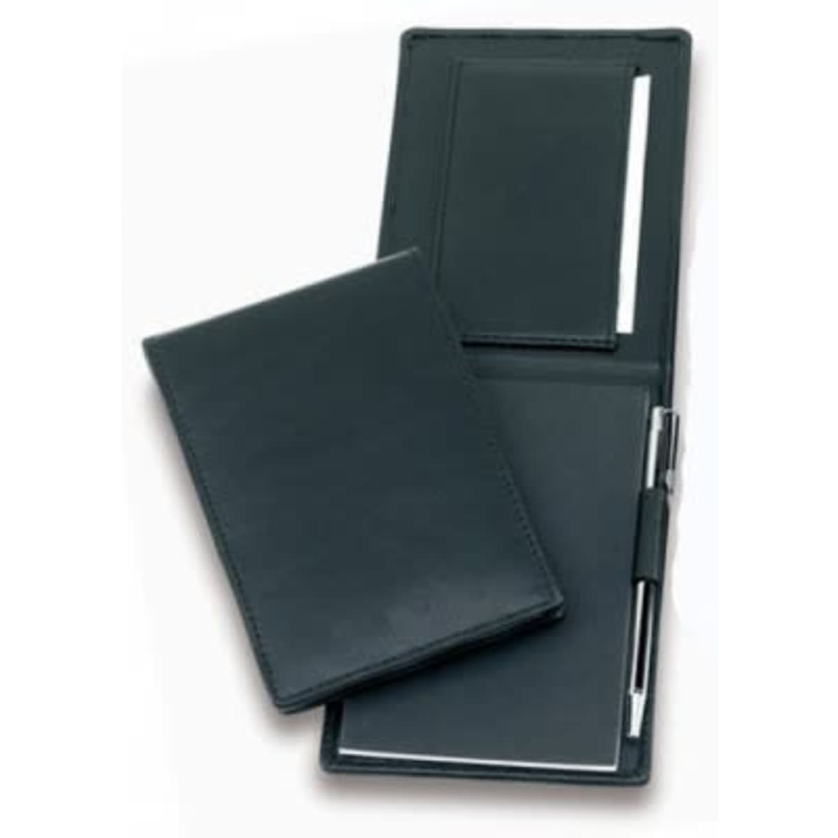 A black premium leather flip pocket notebook with a pen and internal pockets for cards and notes.