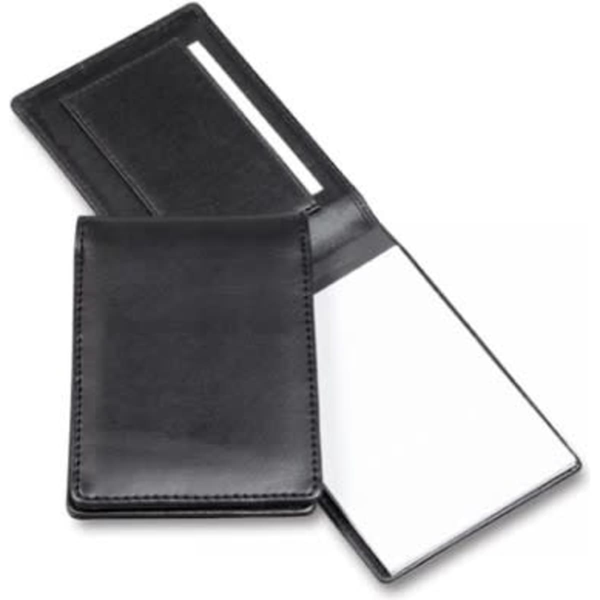 A black flip pocket notebook with a smooth cover and a white notepad inside. It features a logo on the cover.