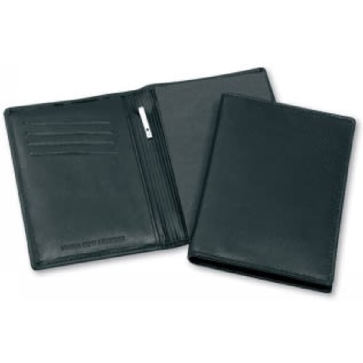 A dark green leather pocket notebook with a pen, featuring multiple card slots and a foldover design.