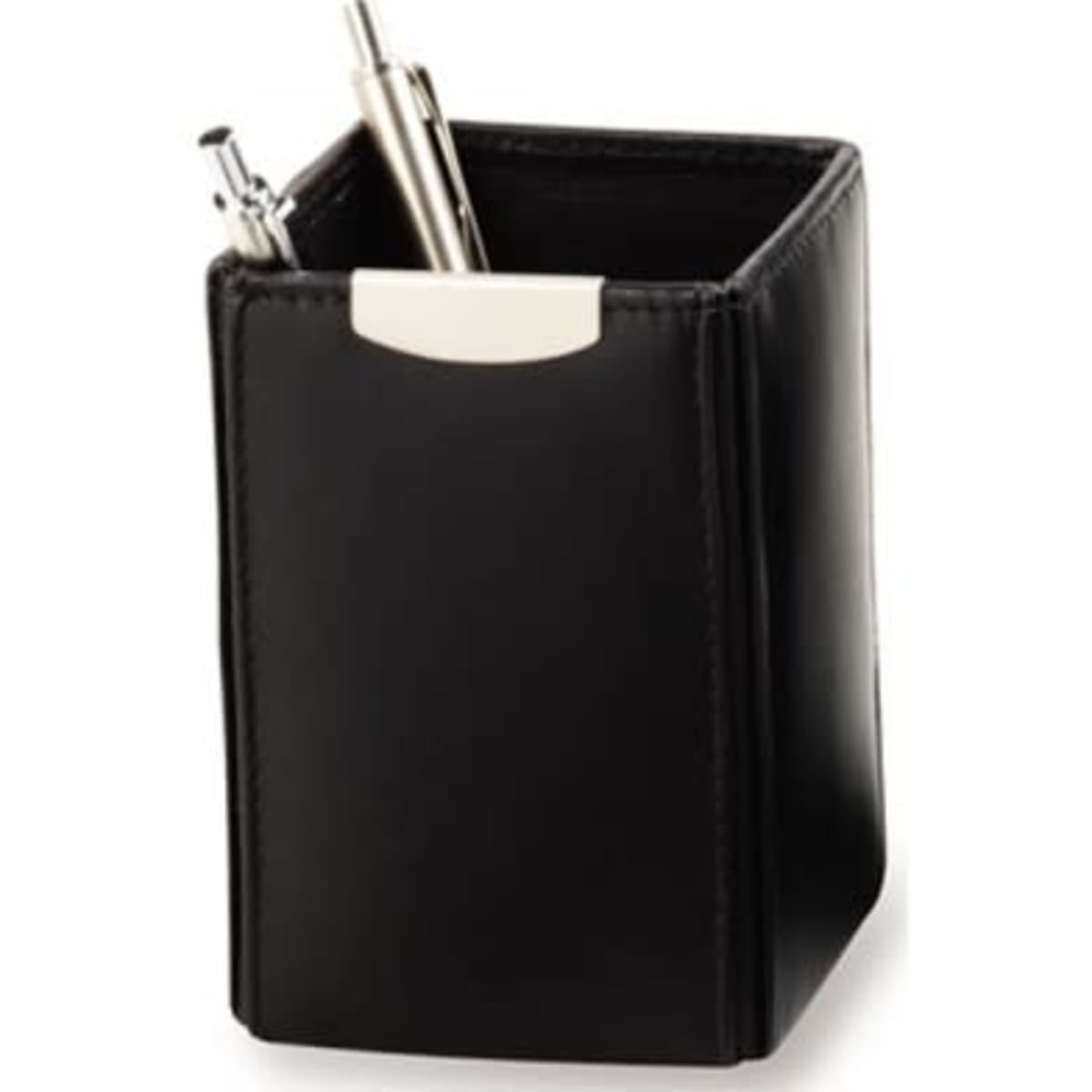 A black leather pen caddy with a silver accent, holding several pens.