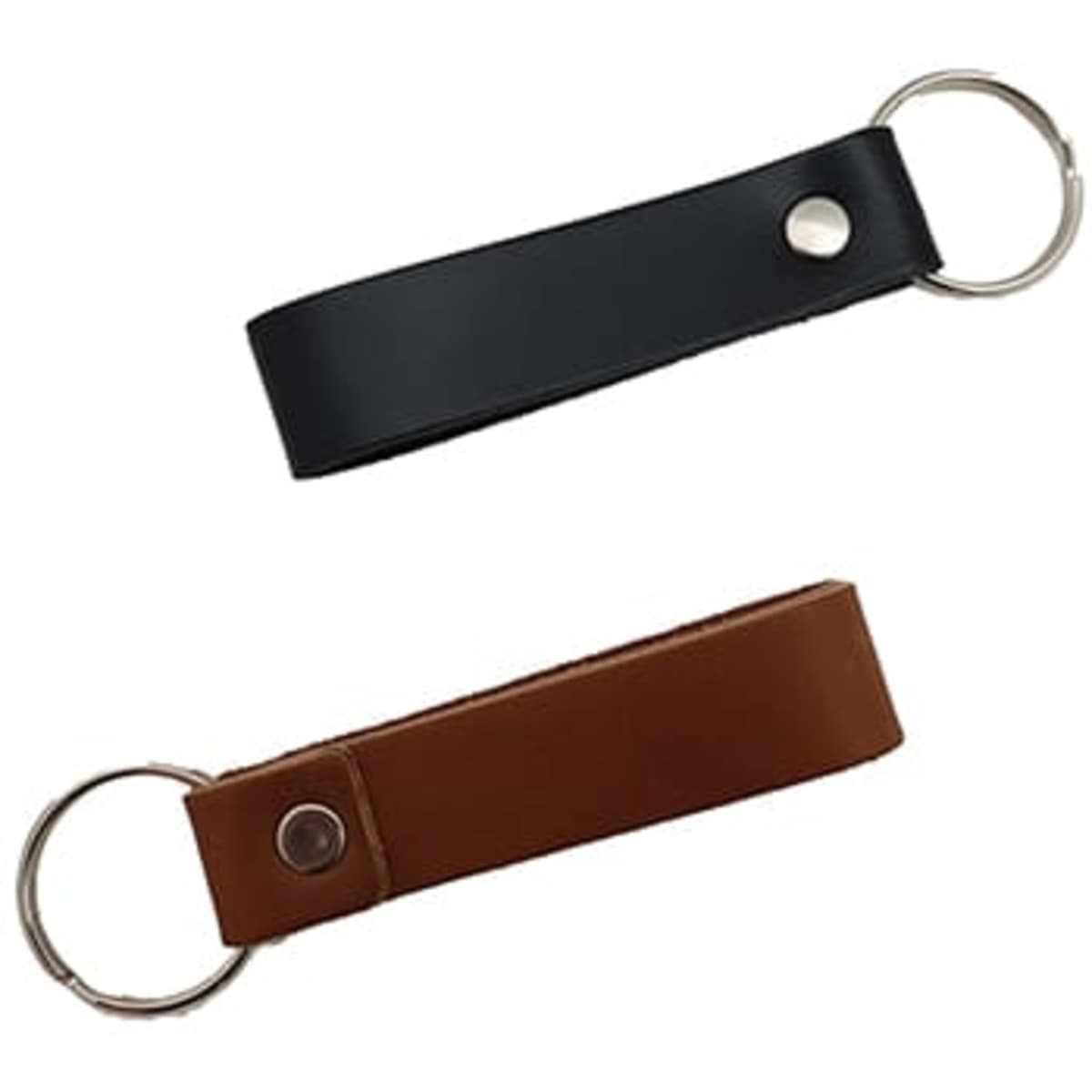 A rustic loop keyring in black and brown leather, featuring a metal ring and snap button, with a logo.